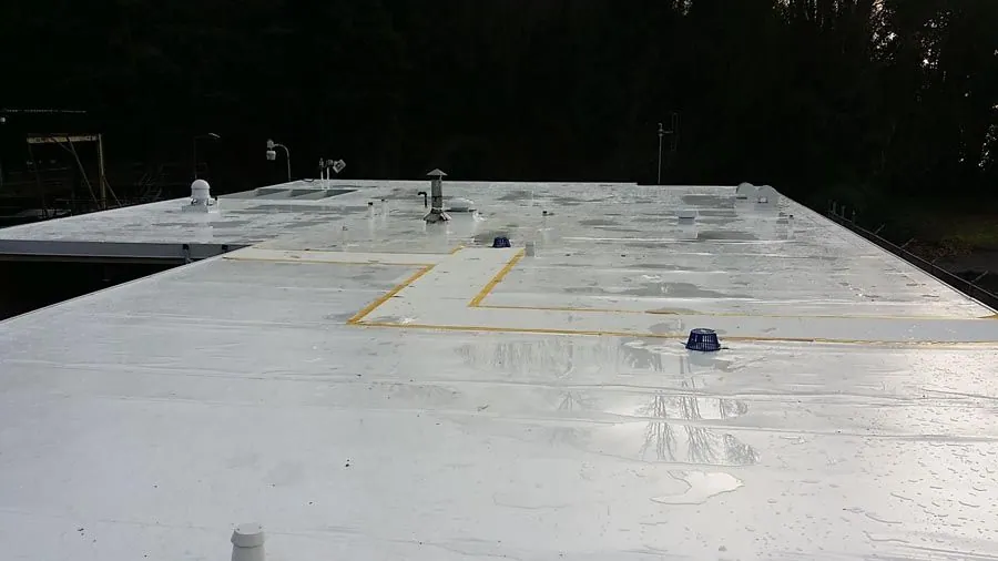 A white roof with a yellow line on it and trees in the background.